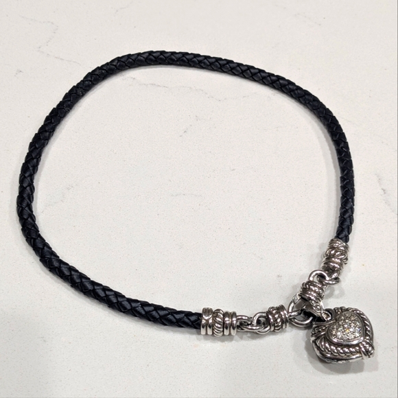 Judith Ripka 925 Sterling Silver Reversible CZ Heart Black Leather Necklace - Picture 5 of 12